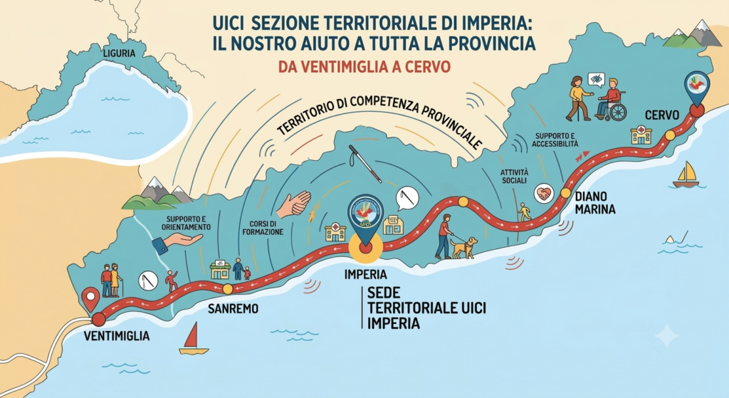 Infografica che rappresenta l'attività della UICI Imperia sull'intero territorio provinciale, da Olivetta San Michele a Cervo, con i principali servizi offerti alle persone cieche e ipovedenti.